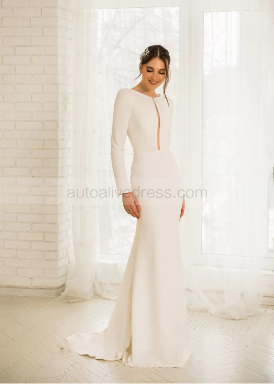 Long Sleeves Beaded Ivory Satin Unique Wedding Dress